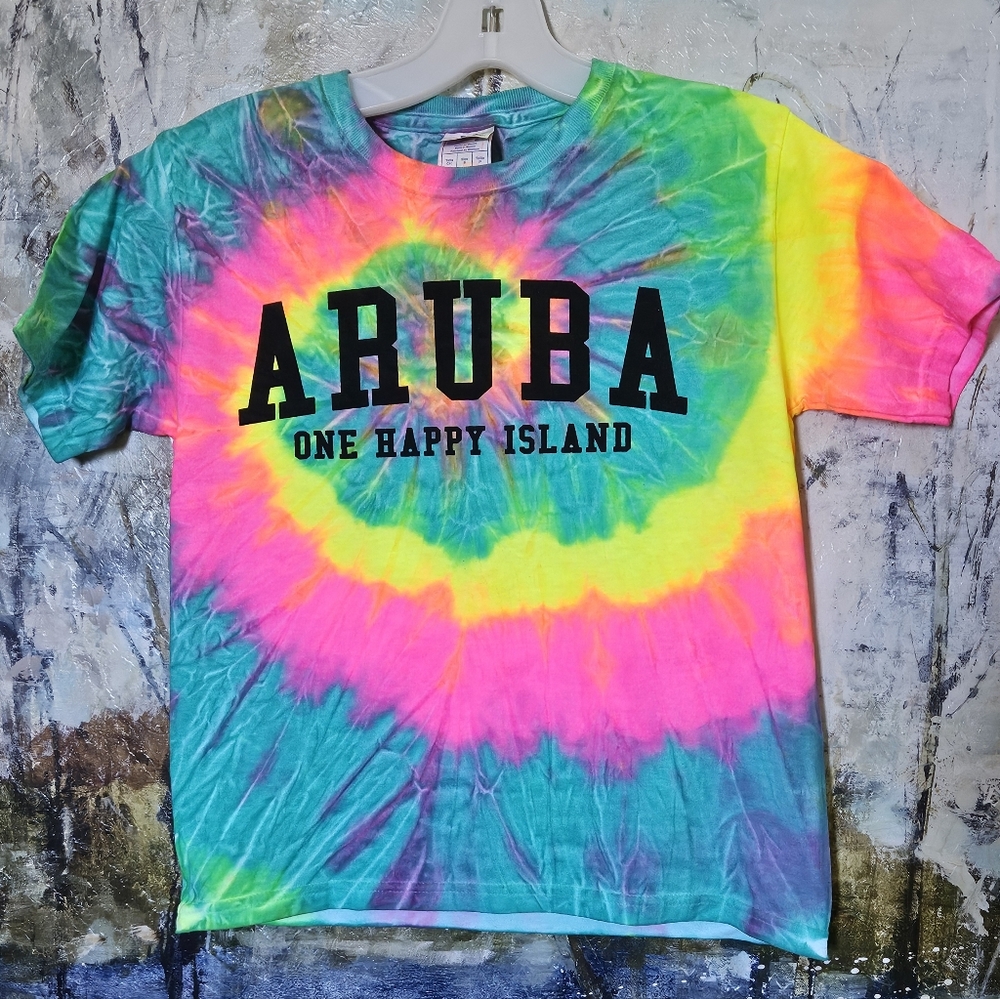 VTG Style Graphic Multi-Color Tie-dye Tee ARUBA Youth Sz S YAZBEK Mexico Unisex